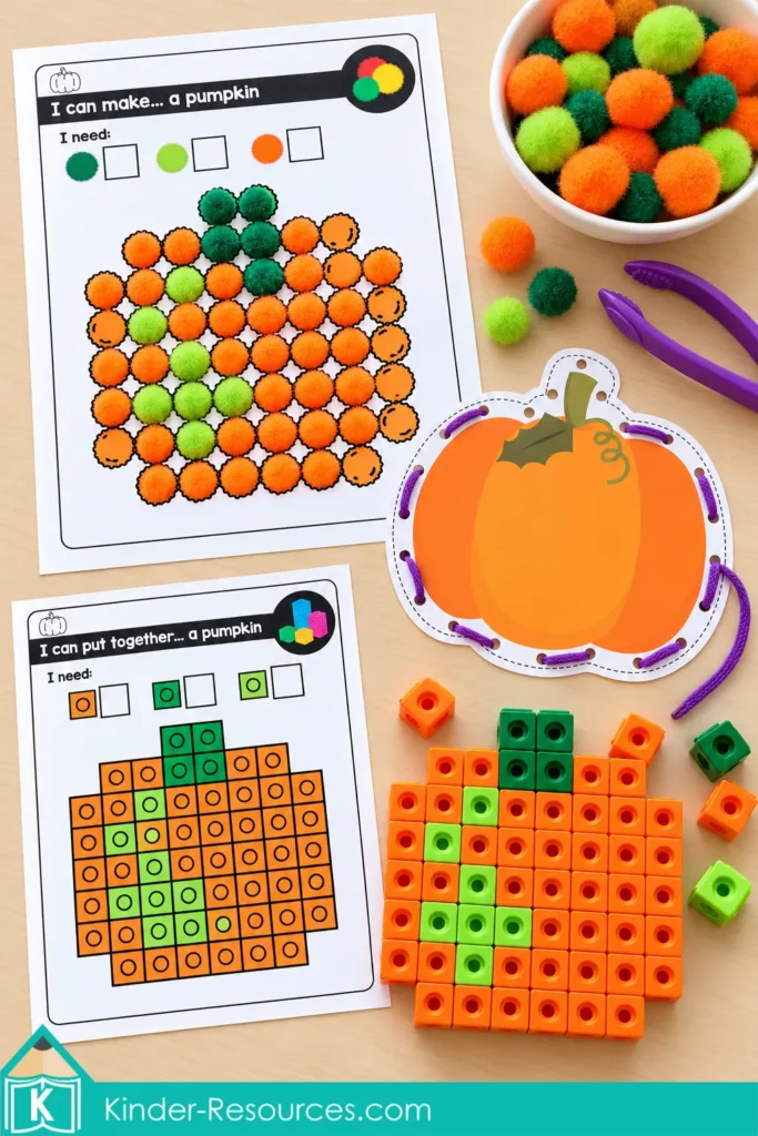 October fine motor morning tubs for preschool with pumpkin pom pom, lacing, and counting cube activities for hands-on fine motor practice.