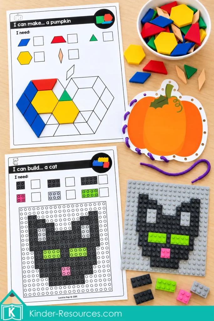 October fine motor morning tubs for preschool and kindergarten with pumpkin pattern blocks, pumpkin lacing, and cat building brick activities for hands-on fine motor practice.
