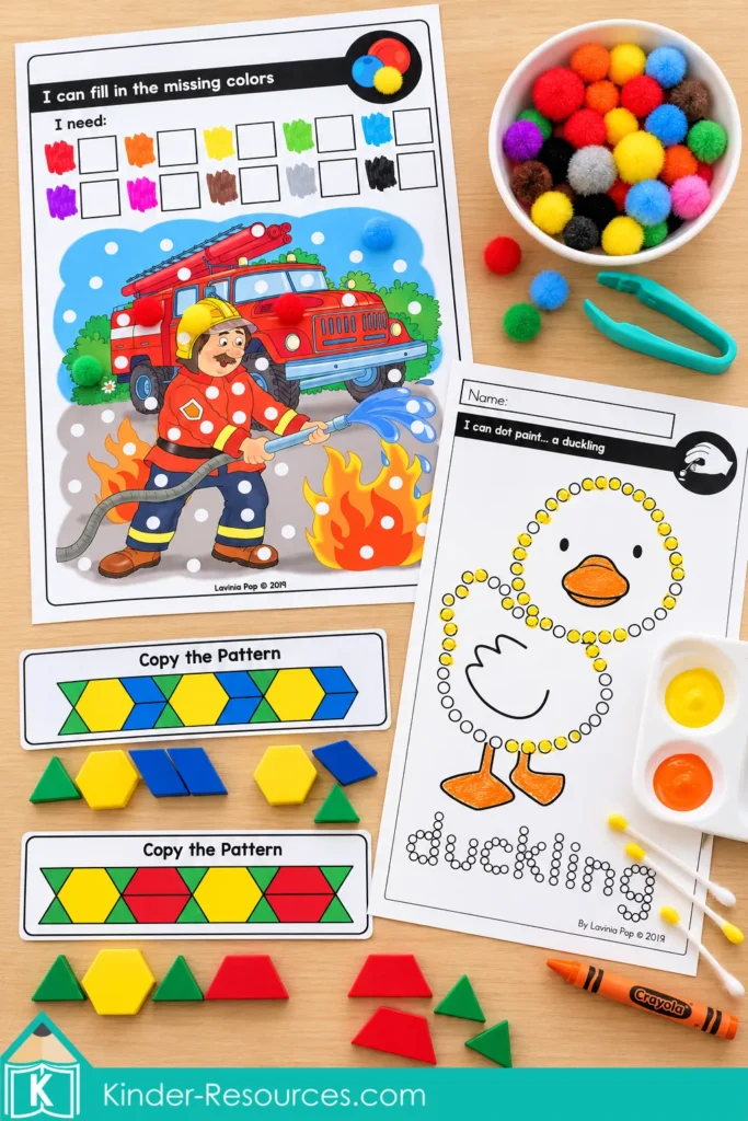 October fine motor morning tubs for preschool and kindergarten with firefighter pom pom color matching, duckling cotton swab dot painting, and pattern block copying activities.