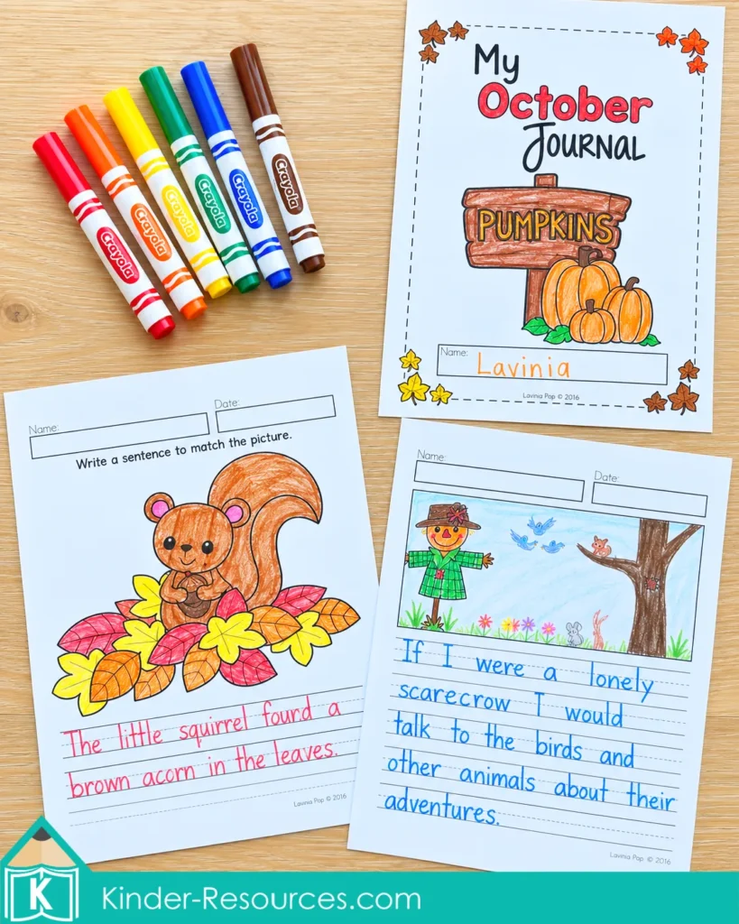 October Writing Journal Prompts for Kindergarten and 1st Grade with an October journal cover, fall squirrel sentence writing, and scarecrow imaginative writing activity.