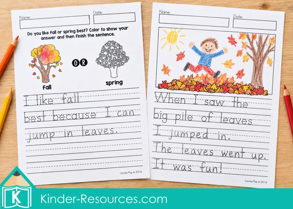 October Writing Journal Prompts for Kindergarten and 1st Grade with fall opinion writing and a leaf themed narrative writing activity.