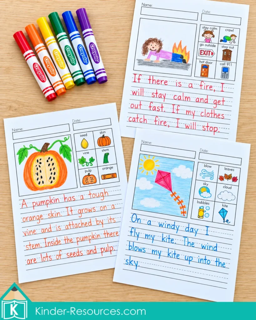 October Writing Journal Prompts for Kindergarten and 1st Grade with pumpkin, windy day, and fire safety picture supported writing activities.