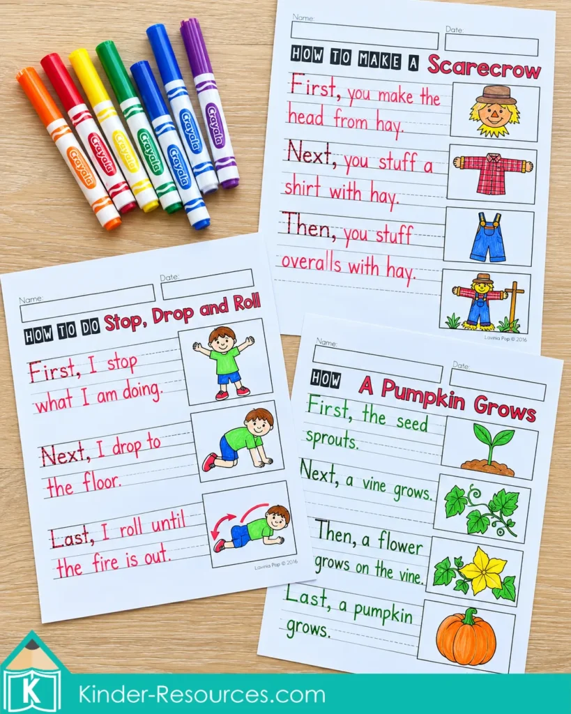October Writing Journal Prompts for Kindergarten and 1st Grade with how to make a scarecrow, pumpkin growth, and Stop Drop and Roll procedural writing.