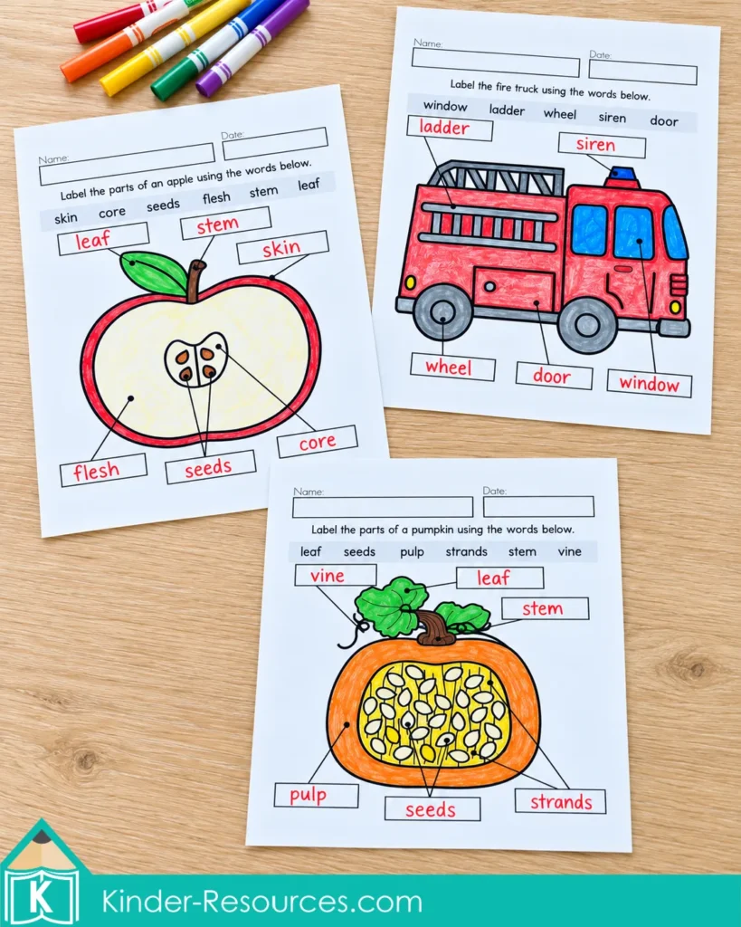 October Writing Journal Prompts for Kindergarten and 1st Grade with apple, pumpkin, and fire truck labeling activities for vocabulary and early writing practice.