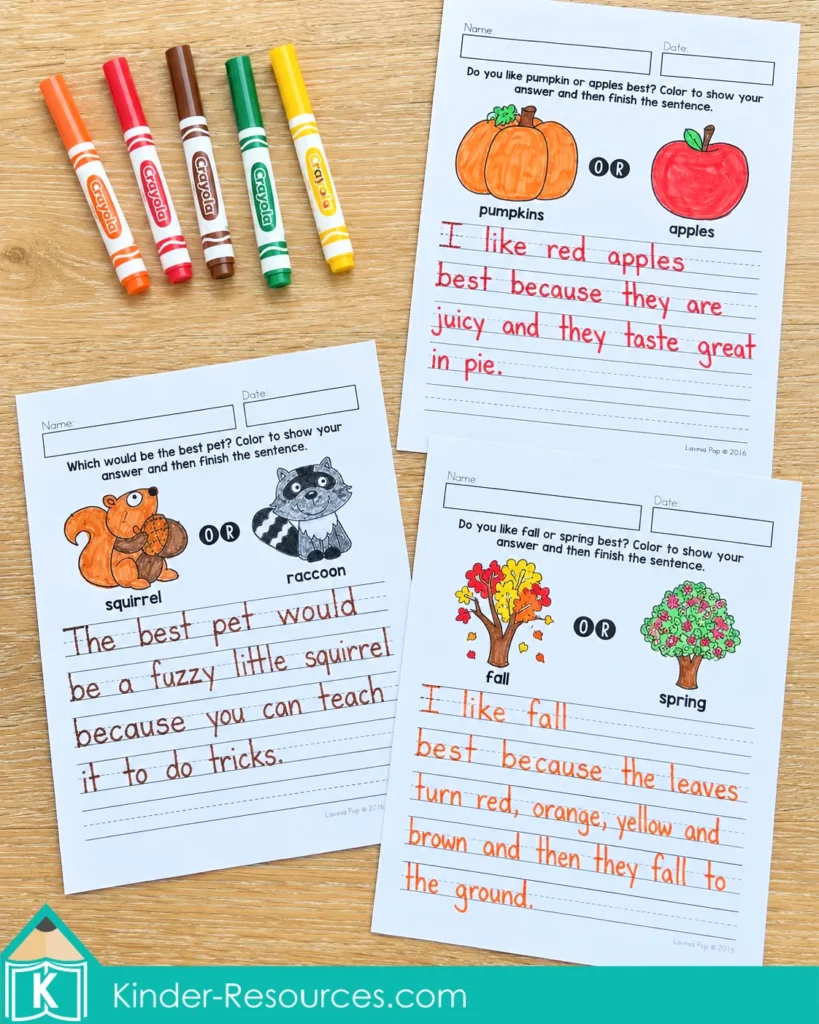 October Writing Journal Prompts for Kindergarten and 1st Grade with picture supported opinion writing about pumpkins, apples, fall, spring, and woodland animals.