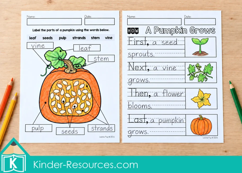 October Writing Journal Prompts for Kindergarten and 1st Grade with pumpkin labeling and pumpkin life cycle sequencing writing activities.