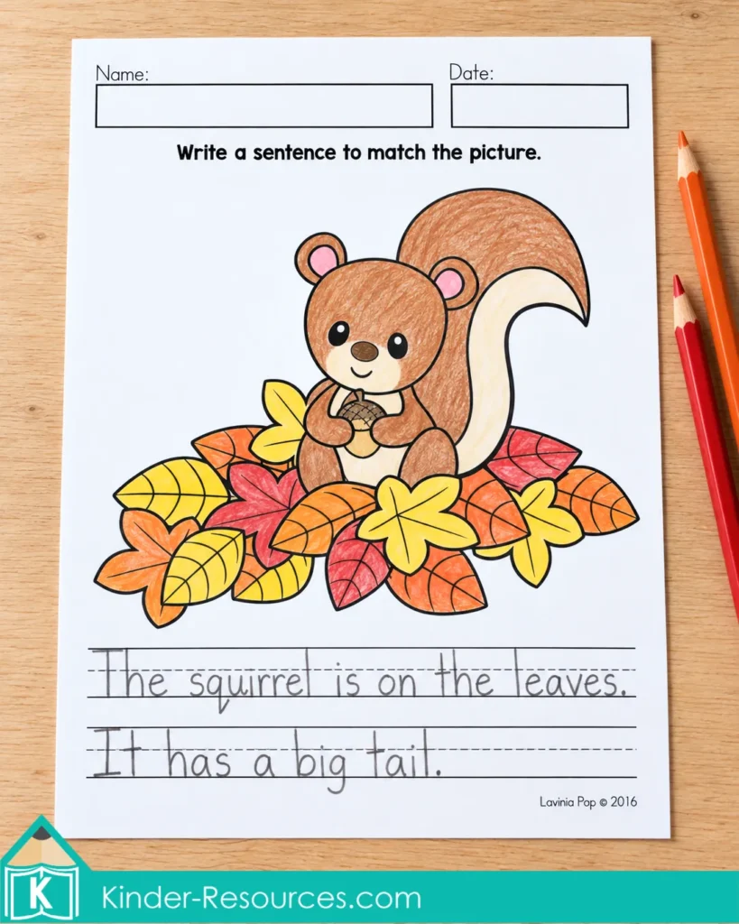 October Writing Journal Prompts for Kindergarten and 1st Grade with a fall squirrel picture prompt for sentence writing and drawing support.
