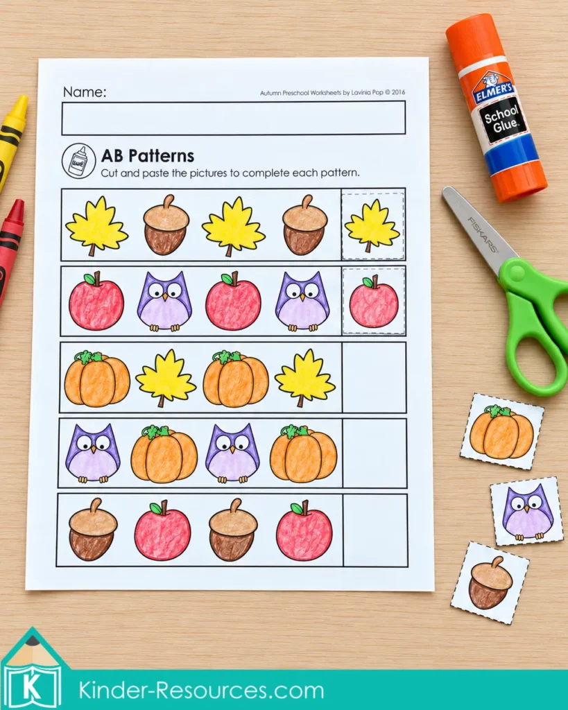 Preschool Fall AB Patterns Cut and Paste Worksheet