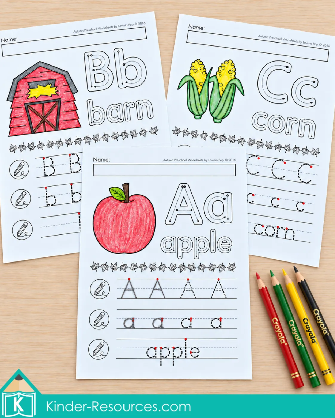 Preschool fall worksheets for tracing uppercase and lowercase A, B, and C and the words apple, barn, and corn, with colored illustrations.