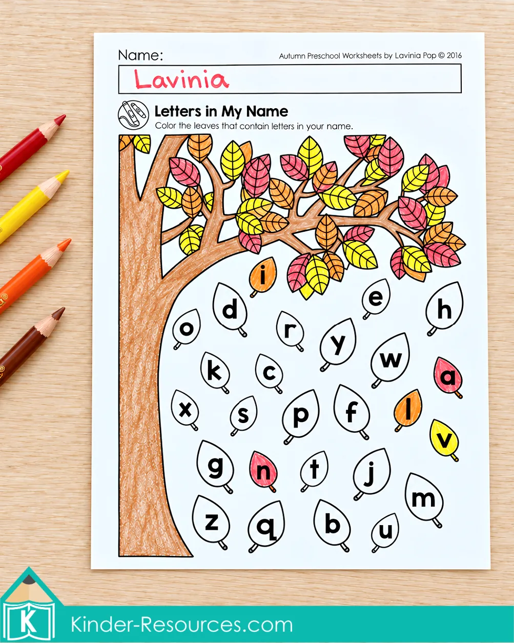 Preschool fall name recognition worksheet with letter leaves colored to match the letters in a child’s name.