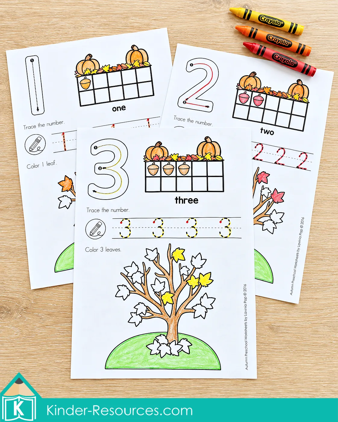 Preschool fall worksheets for tracing numbers 1, 2, and 3, with acorn ten frames and leaf counting activities.