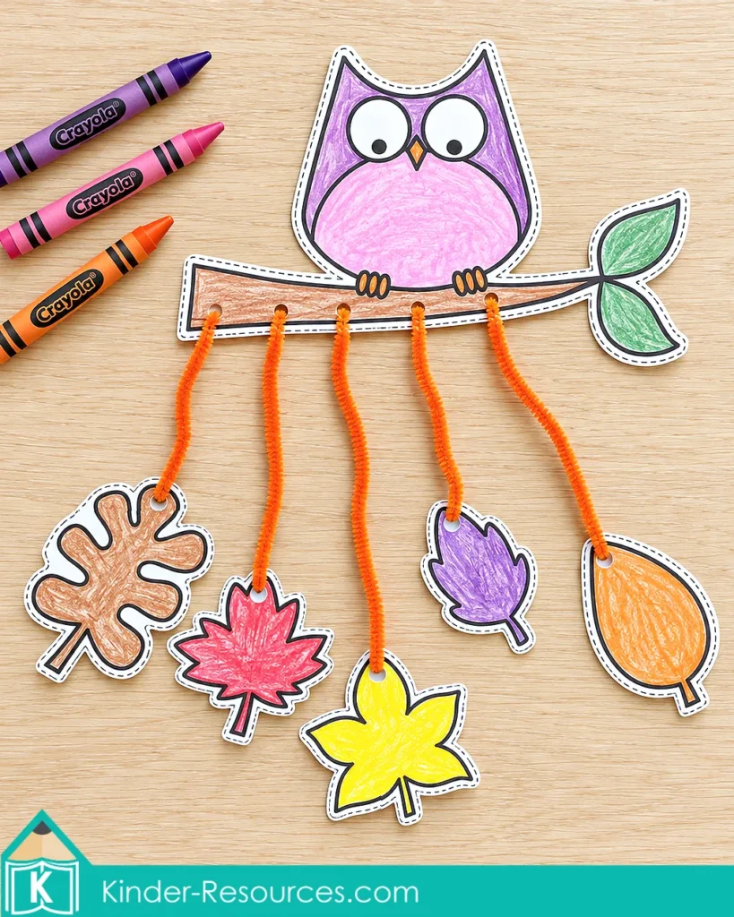Completed preschool fall owl mobile with five colored paper leaves hanging from a paper branch on orange pipe cleaners.