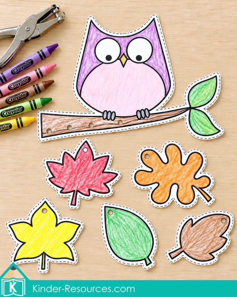 Printable owl mobile craft with a colored owl on a branch and five separate autumn leaves with punched holes for assembly.