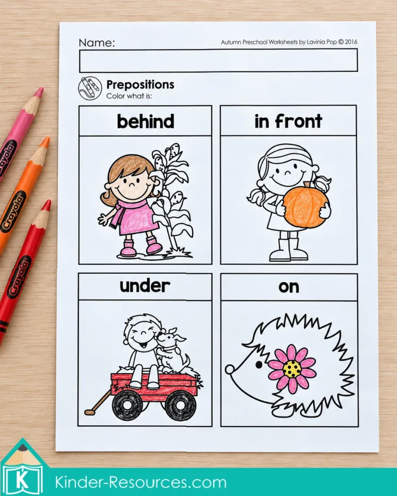 Fall positional words worksheet with illustrated boxes labeled behind, in front, under, and on, with selected pictures colored.