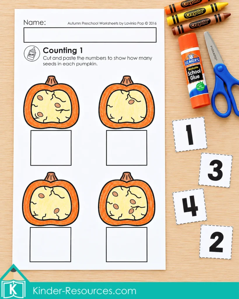 Preschool pumpkin seed counting worksheet with four pumpkins containing 1–4 seeds and separate number cutouts to match each quantity.