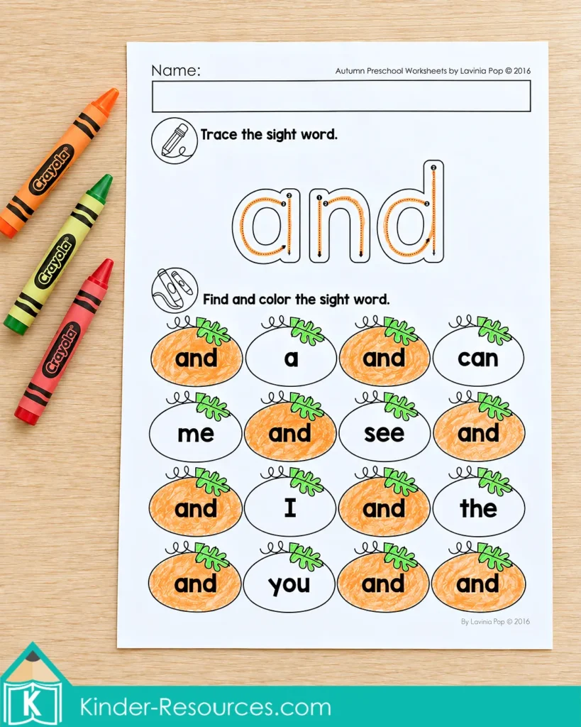 Pumpkin sight word worksheet with “and” traced at the top and pumpkins containing the matching word colored orange.