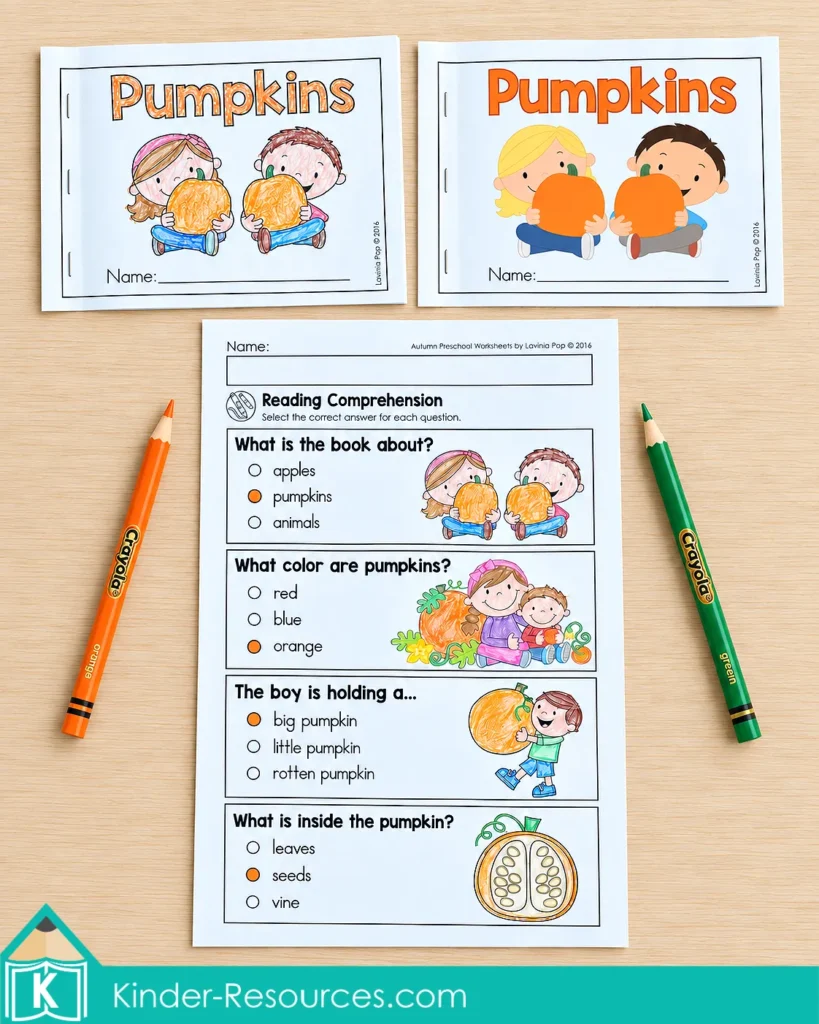 Two preschool pumpkin readers with printed and hand-colored covers beside a completed four-question reading comprehension worksheet.