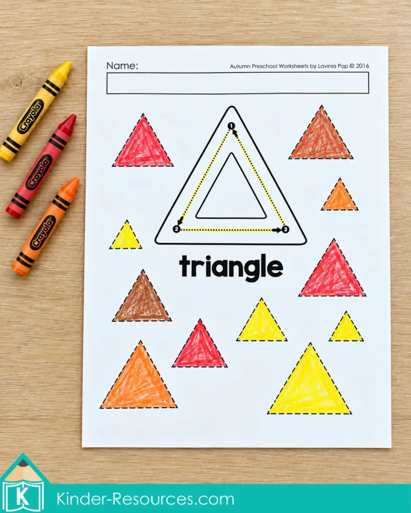 Preschool triangle tracing worksheet with numbered direction arrows and colored triangles in different sizes for shape recognition practice.