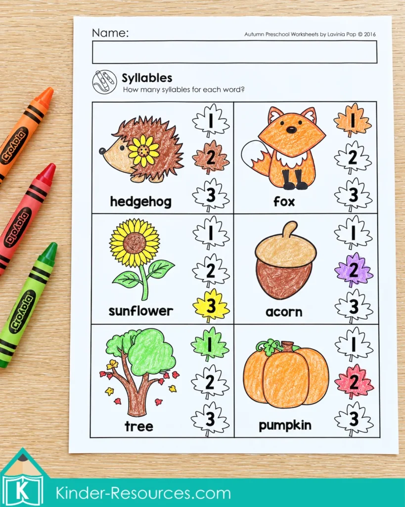 Preschool fall syllable counting worksheet with six labeled autumn pictures and numbered leaves colored to show how many syllables are in each word.