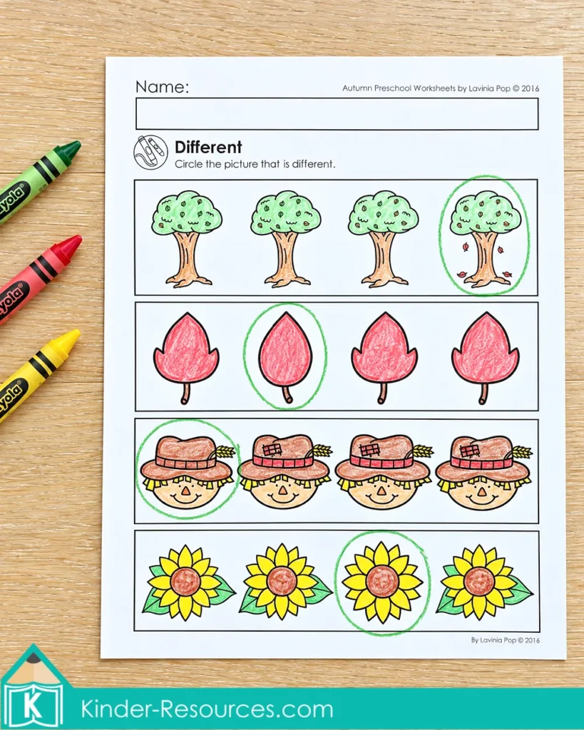 Preschool fall visual discrimination worksheet with one different picture circled in each row of trees, leaves, scarecrows, and sunflowers.
