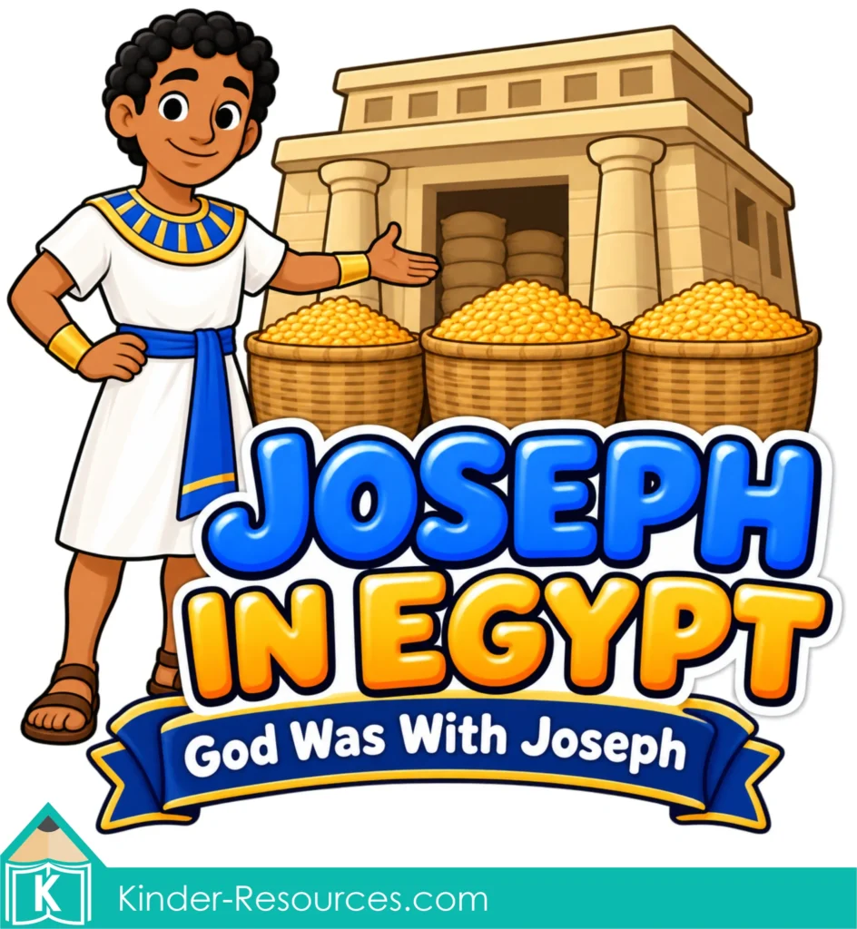Joseph in Egypt preschool Bible lesson illustration with Joseph beside baskets of grain and the words “God Was With Joseph.”