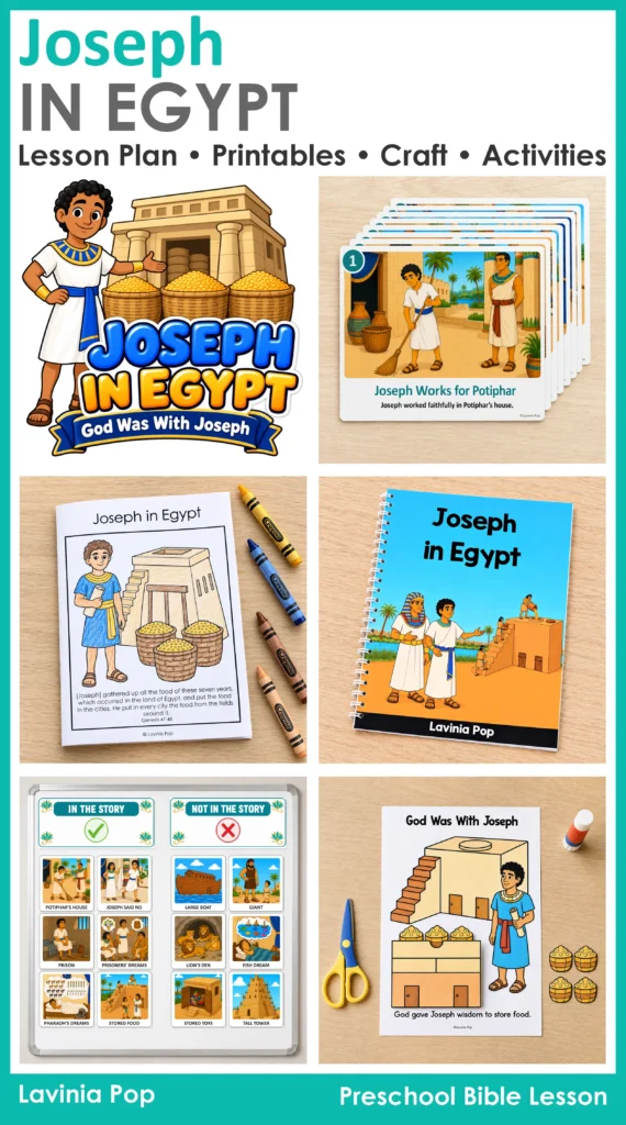 Joseph in Egypt preschool Bible lesson collage with storytelling cards, a storybook, take home booklet, sorting activity, and grain storage craft.