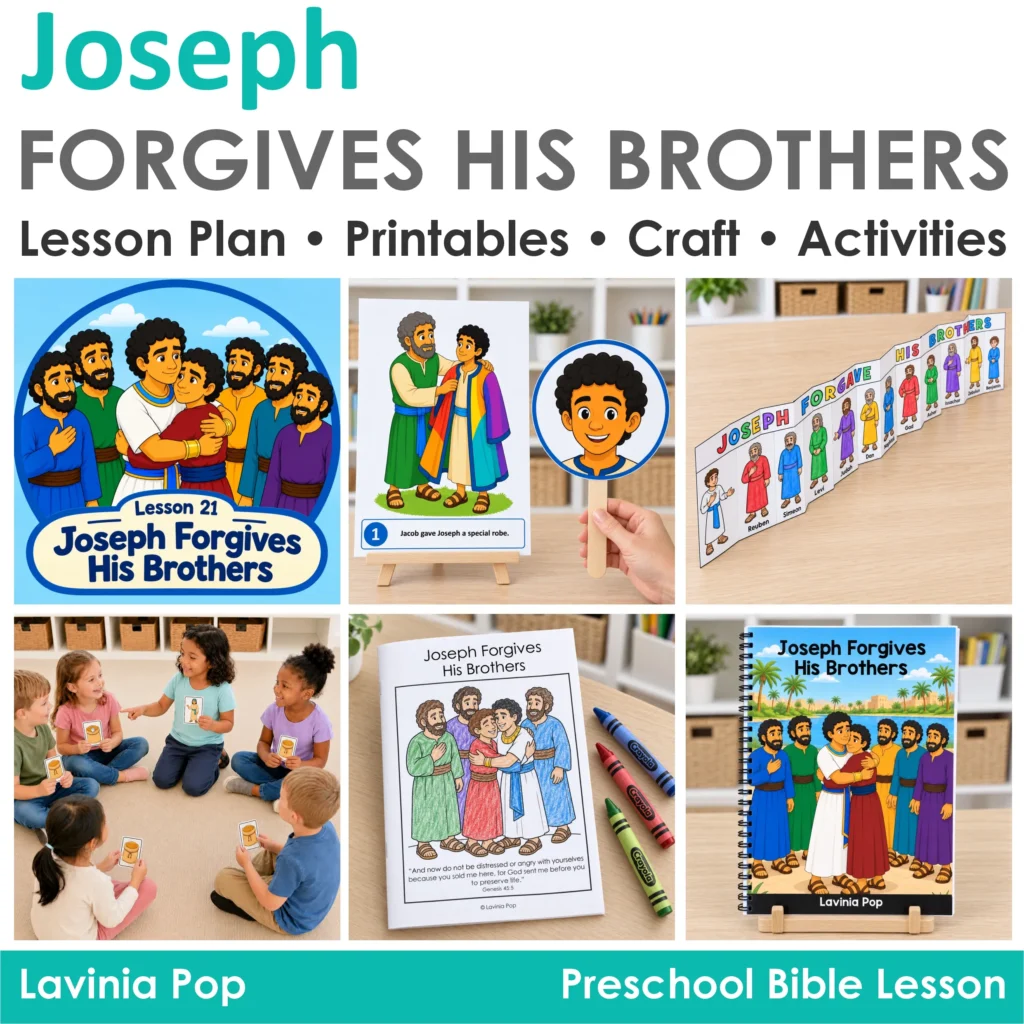 Joseph Forgives His Brothers lesson overview featuring printable books, an accordion craft, story retelling materials, and a group game.