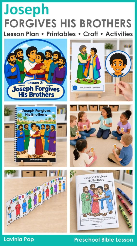 Collage of Joseph Forgives His Brothers preschool activities, including a storybook, emotions paddle, silver cup game, accordion craft, and booklet.