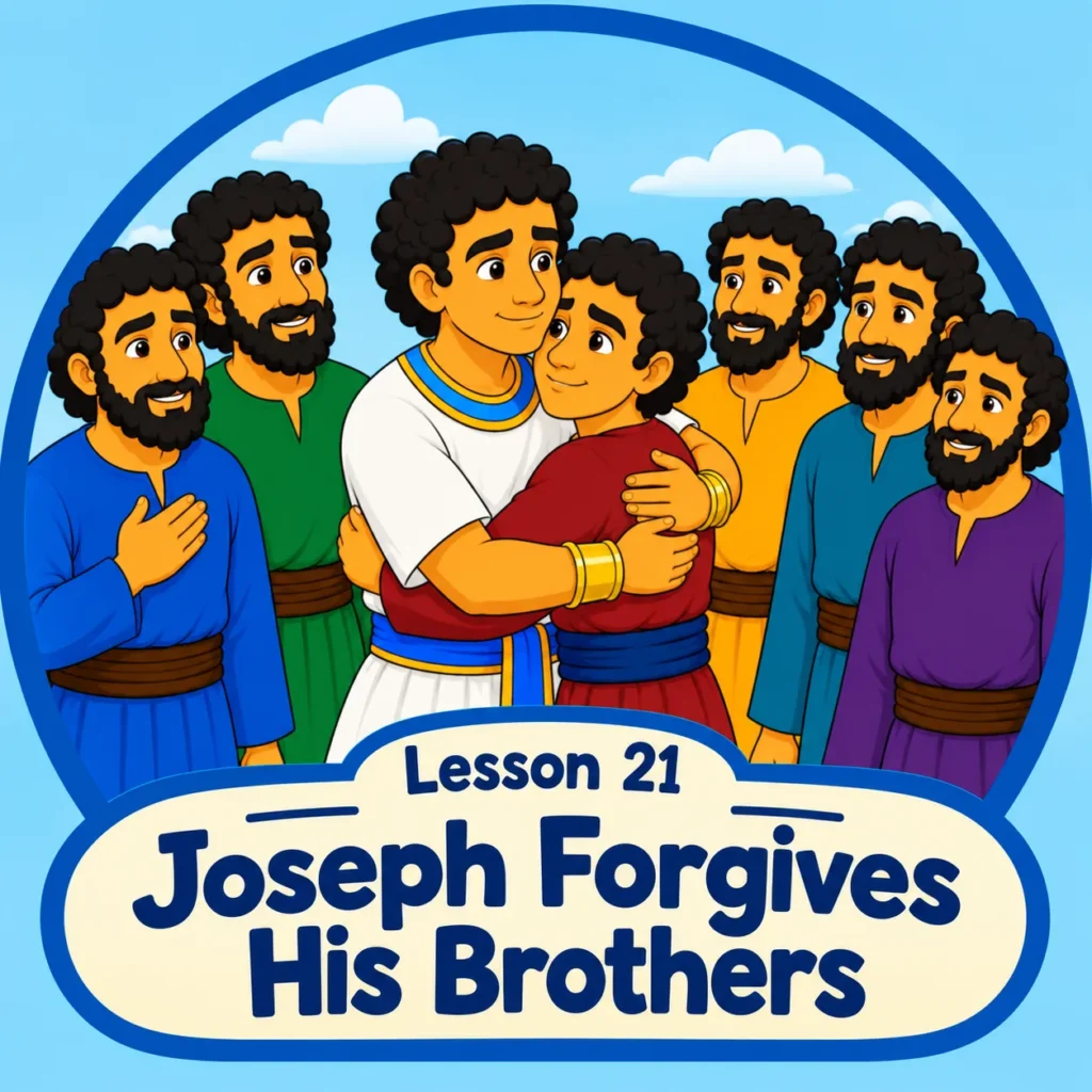 Lesson 21 logo showing Joseph embracing his brother, surrounded by smiling brothers.