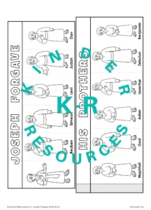 Two black and white craft strips featuring Joseph and his eleven brothers beneath the heading “Joseph forgave his brothers.”