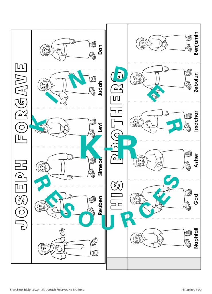 Two black and white craft strips featuring Joseph and his eleven brothers beneath the heading “Joseph forgave his brothers.”