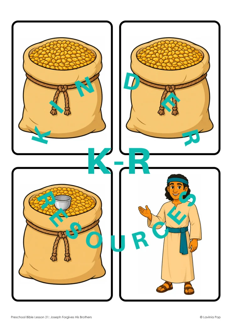Four printable game cards showing two grain sacks, a grain sack containing a silver cup, and Joseph’s servant.