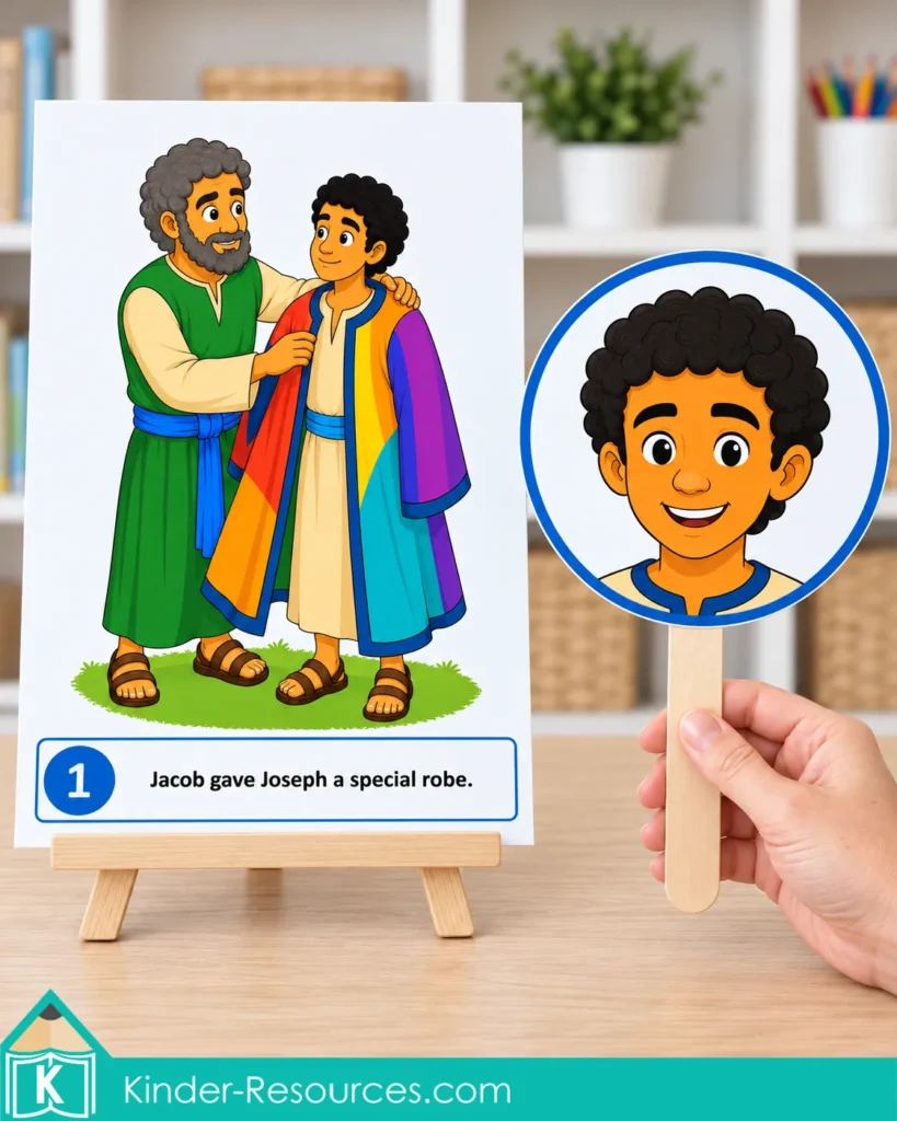 Story card showing Jacob giving Joseph a special robe beside a happy Joseph face paddle for preschool story retelling.