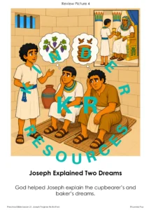 Illustrated review page showing Joseph explaining the cupbearer’s and baker’s dreams in prison.