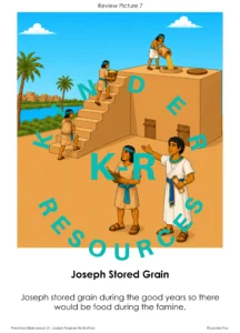 Illustrated review page showing Joseph overseeing workers carrying grain into an Egyptian storehouse before the famine.