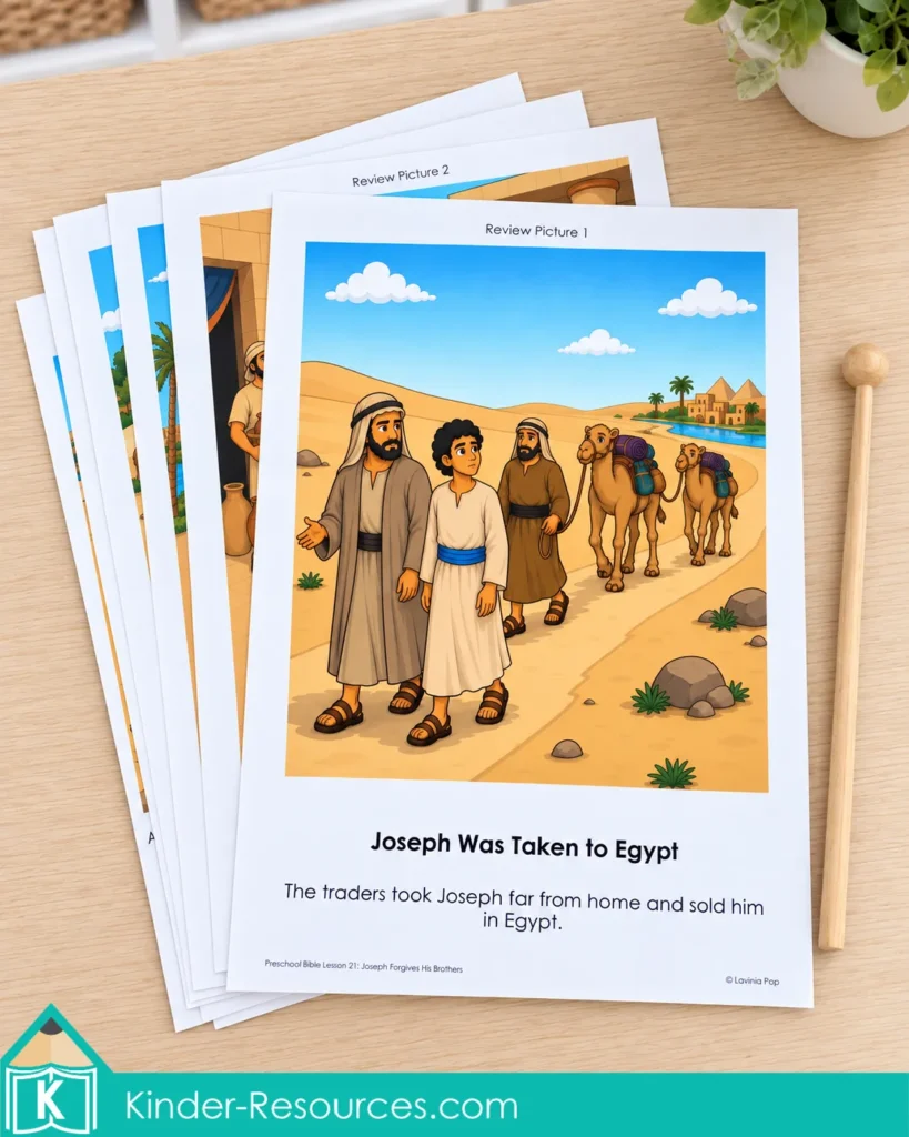 Stack of Bible story review pictures with “Joseph Was Taken to Egypt” on top, showing Joseph with traders and camels.