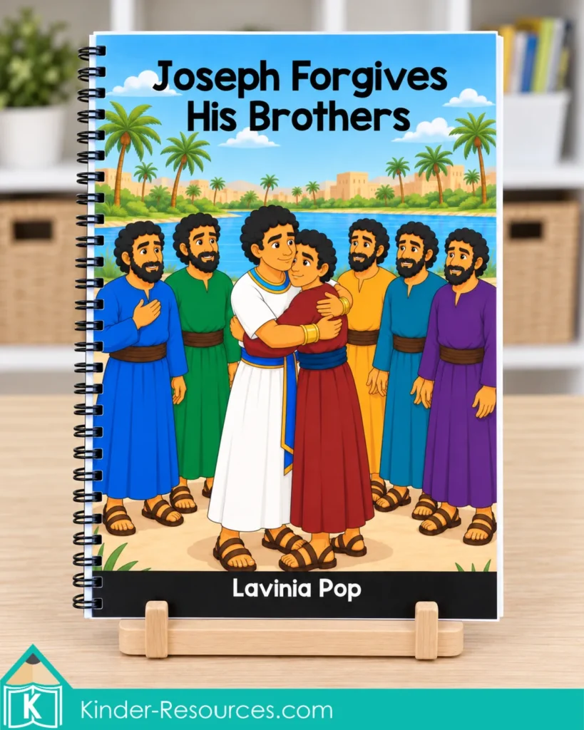 Spiral bound Joseph Forgives His Brothers storybook by Lavinia Pop on a wooden stand, with Joseph embracing his brother on the cover.