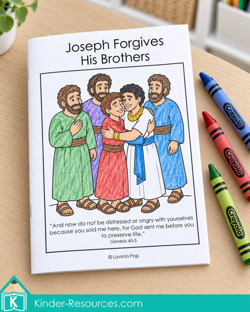 Colored Joseph Forgives His Brothers take home booklet featuring Joseph embracing his brother and Genesis 45:5, with crayons beside it.