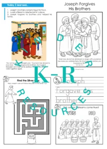 Four take home booklet pages with a Joseph story review, coloring cover, silver cup maze, sentence tracing, and a question about his dreams.
