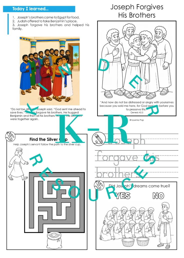 Four take home booklet pages with a Joseph story review, coloring cover, silver cup maze, sentence tracing, and a question about his dreams.