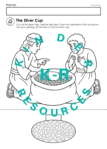 Black and white Silver Cup worksheet showing Benjamin, a servant, and a grain sack, with a separate grain flap to cut and glue.