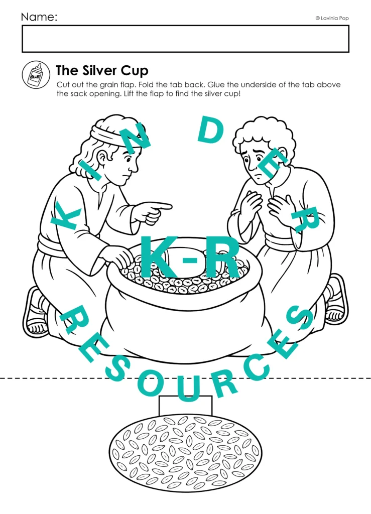 Black and white Silver Cup worksheet showing Benjamin, a servant, and a grain sack, with a separate grain flap to cut and glue.
