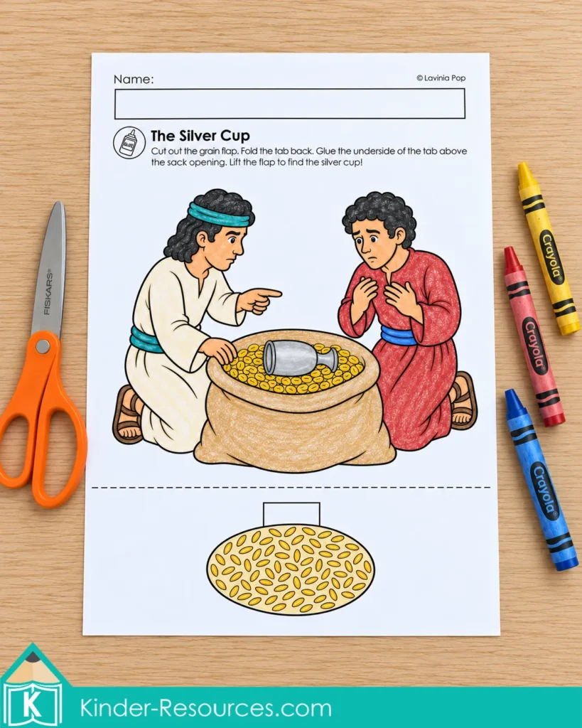 Colored Silver Cup worksheet showing a servant, Benjamin, and a cup in a grain sack, with the grain flap still uncut below.
