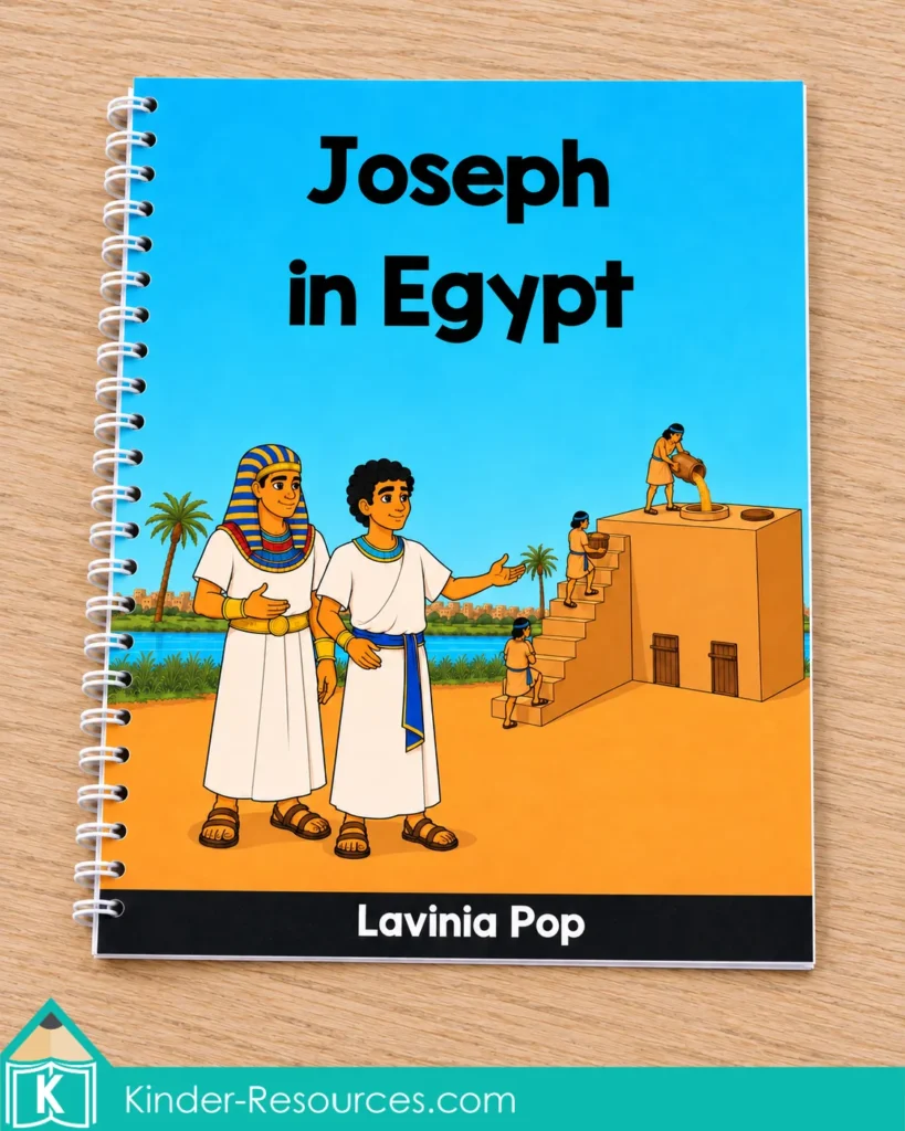 Joseph in Egypt spiral bound storybook by Lavinia Pop, with a cover showing Joseph and Pharaoh beside workers storing grain.