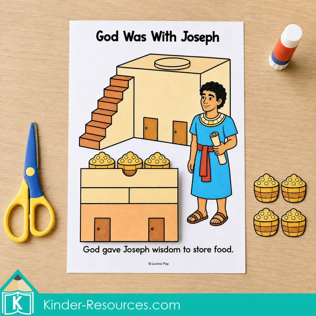 Joseph in Egypt paper craft with a grain storage pocket and removable grain baskets beneath the words “God Was With Joseph.”