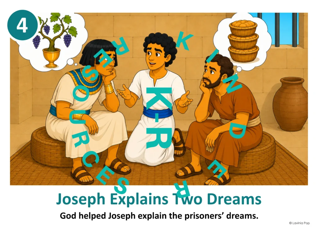 Joseph in Egypt retelling card showing Joseph explaining the cupbearer’s and baker’s dreams, with thought bubbles of grapes and bread baskets.