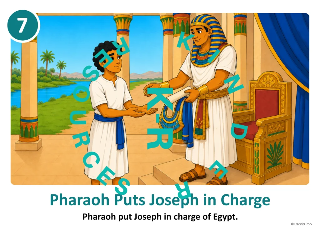 Joseph in Egypt retelling card showing Pharaoh giving Joseph a ring and putting him in charge of Egypt.