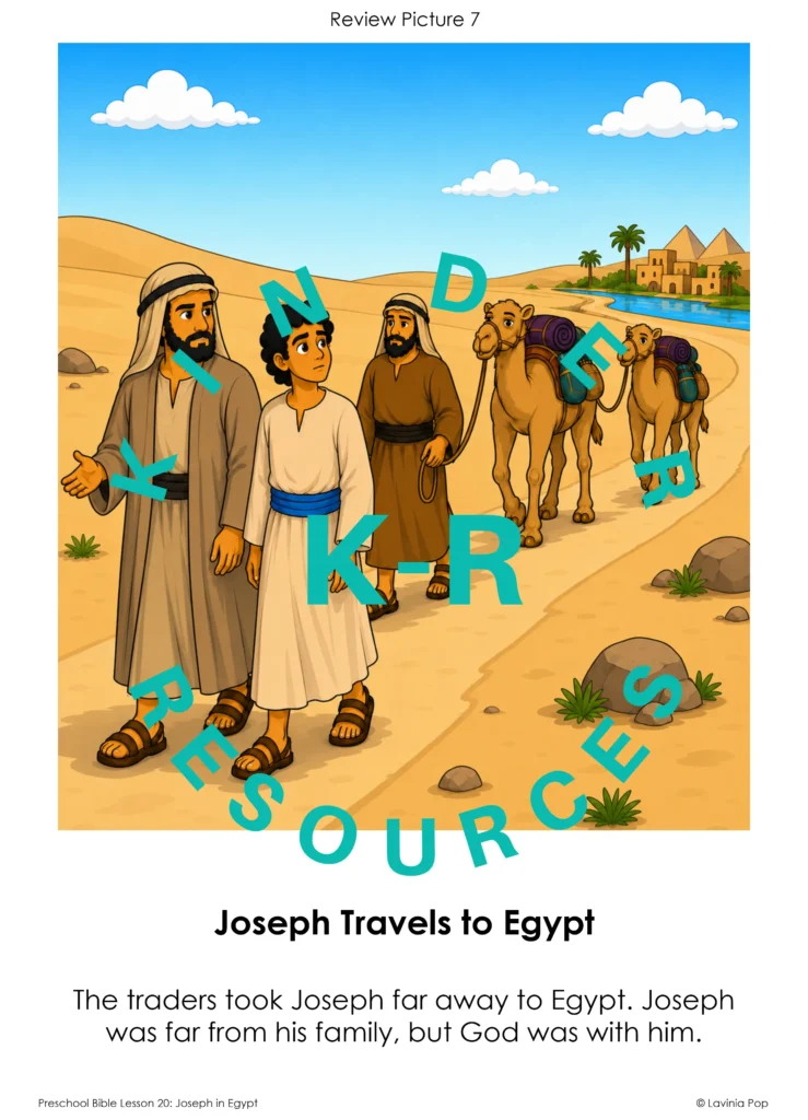 Joseph in Egypt lesson review picture showing Joseph traveling with traders and camels, with text reminding children that God was with him.