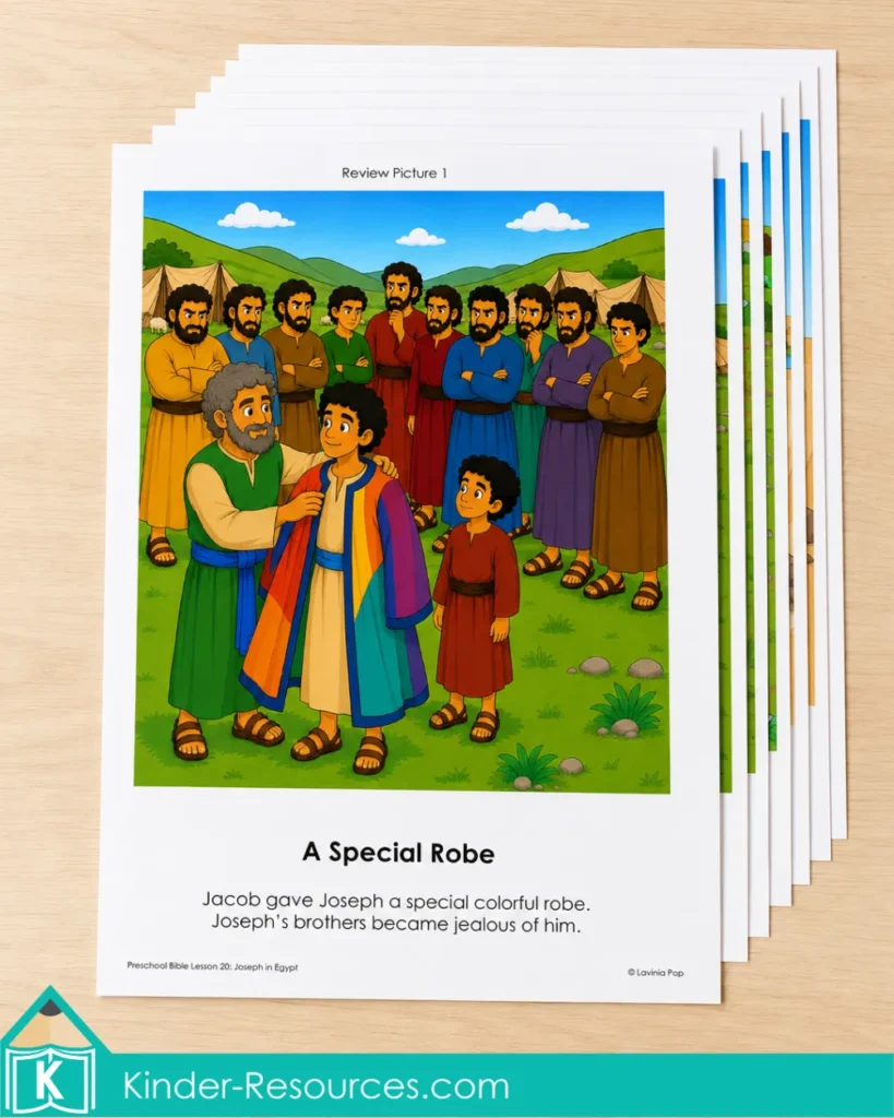 Joseph in Egypt preschool Bible lesson review pictures, with the front page showing Jacob giving Joseph a colorful robe as his brothers watch.