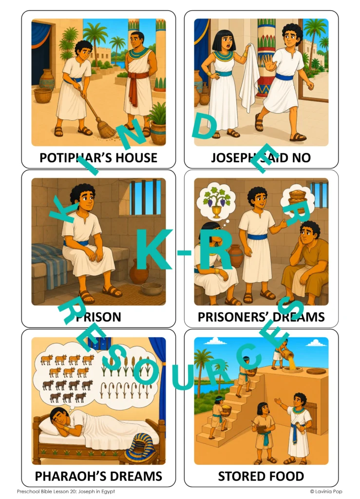 Six Joseph in Egypt sorting cards showing Potiphar’s house, Joseph saying no, prison, the prisoners’ dreams, Pharaoh’s dreams, and stored food.